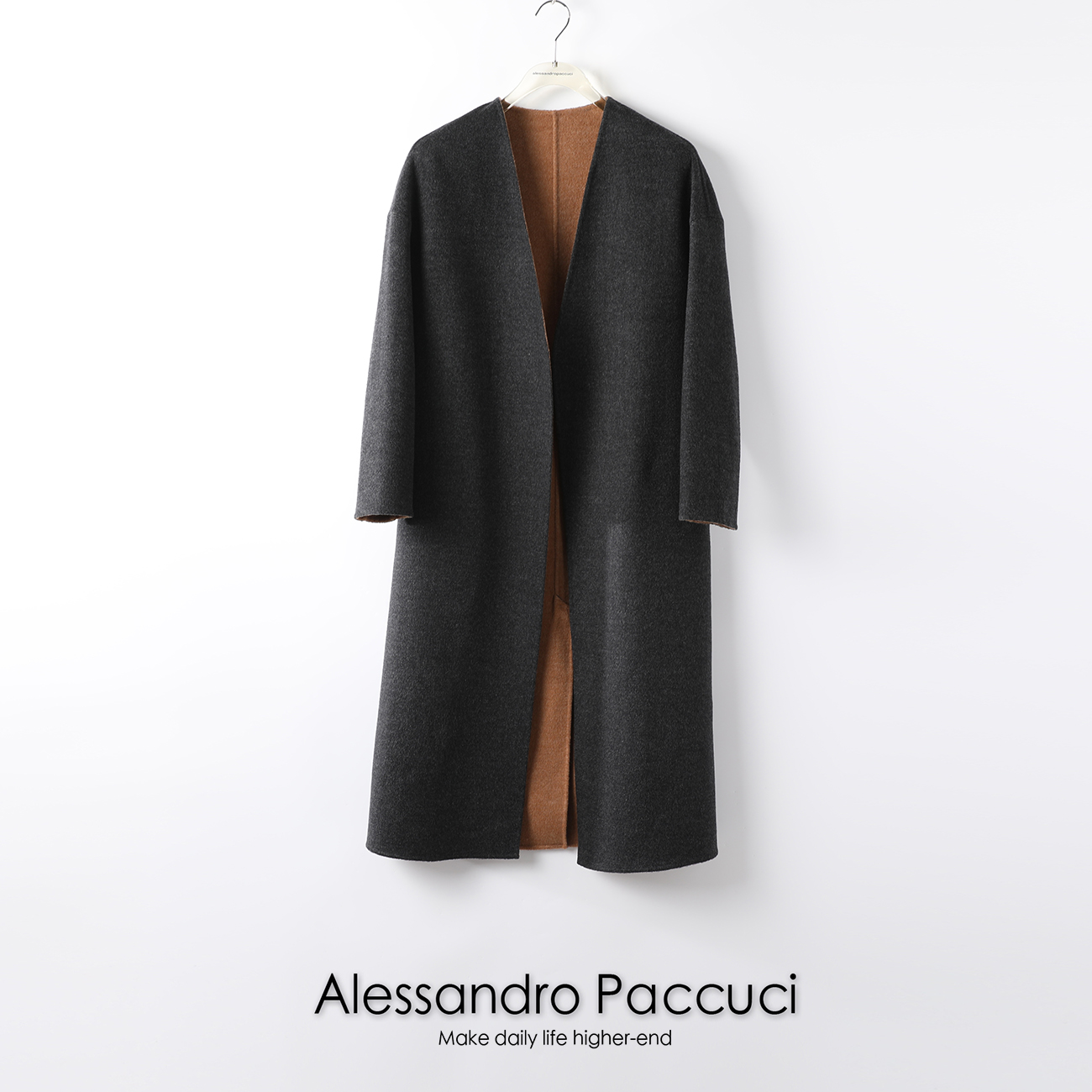 【孤品特价不退不换】洛哥20574羊绒+羊毛混纺纯手工V领中长大衣