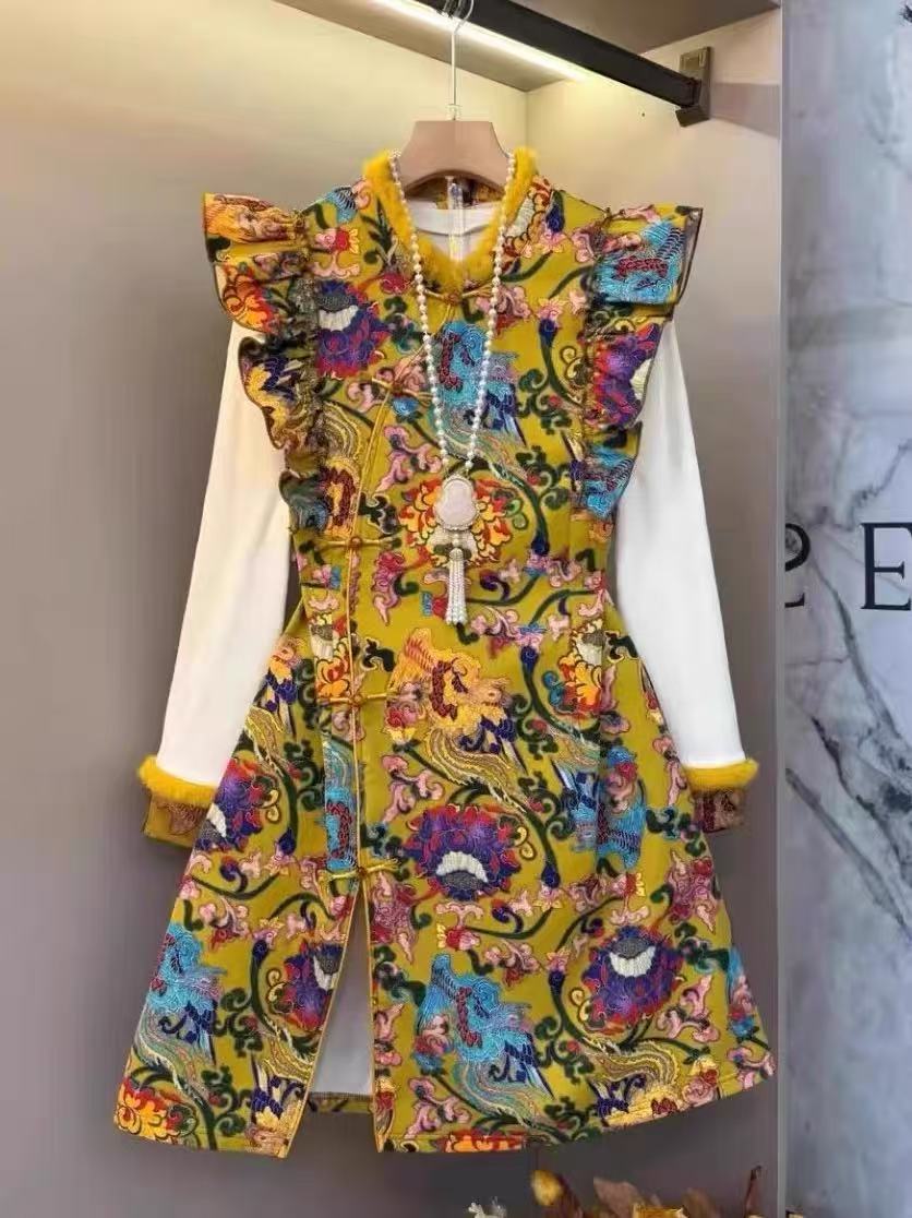 新中式大码国风女装2025冬季新款毛毛拼接盘扣马甲裙两件套7256