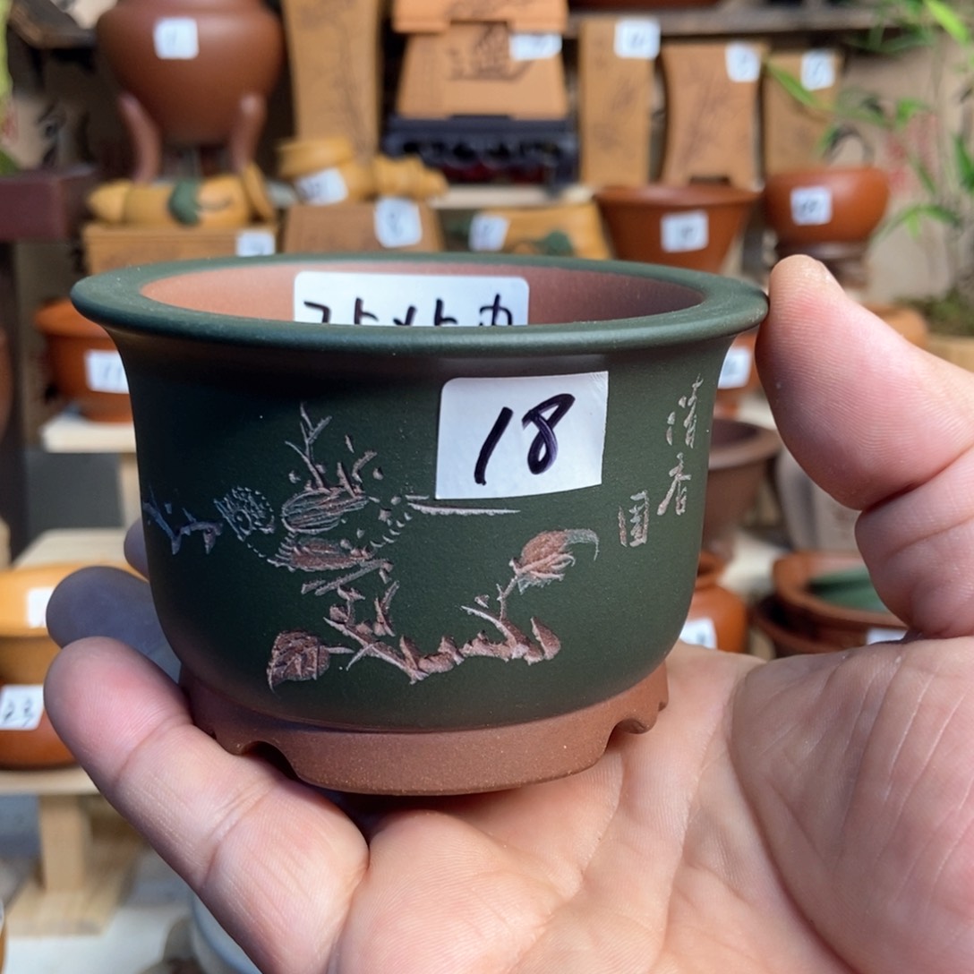 紫砂花盆孙伟手工制作带刻绘，内口经尺寸7.5×5