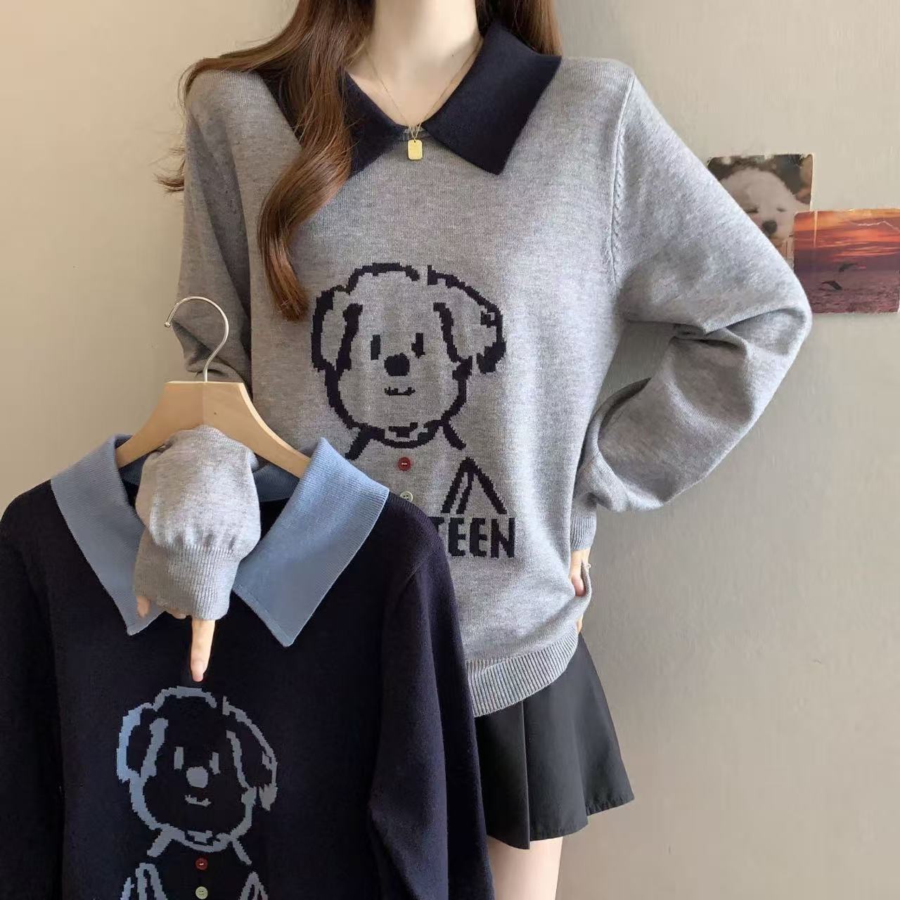 polo领长袖针织毛衣女2025秋季新款大码胖mm时尚百搭显瘦日常穿搭