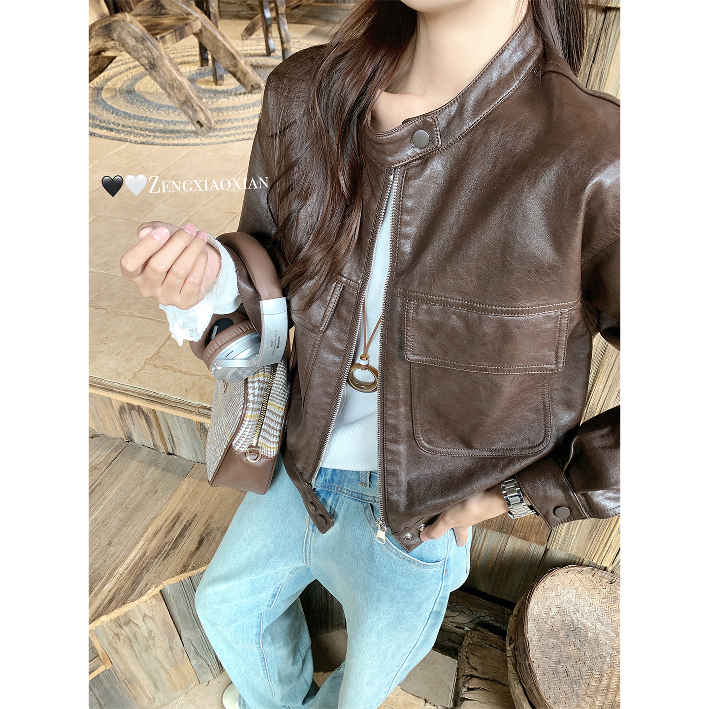 曾小咸美式咖色机车风pu皮衣夹克短款外套ZA53WTR0239