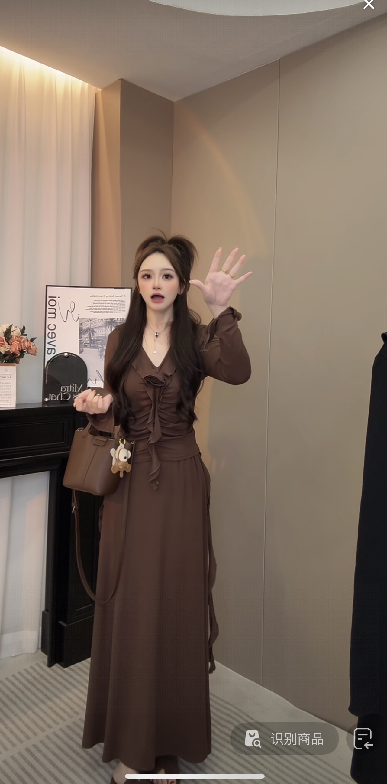 纯欲褶皱收腰显瘦长袖T桖上衣高腰长裙早秋新款女装两件套