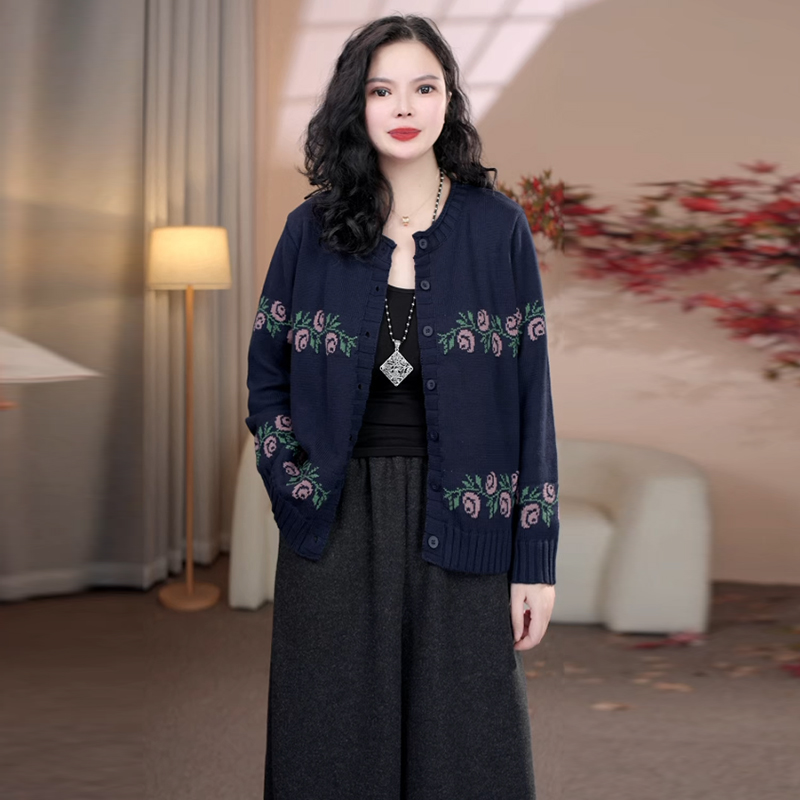 针织长袖女秋冬季提花毛针织衫时尚复古开衫外套2299