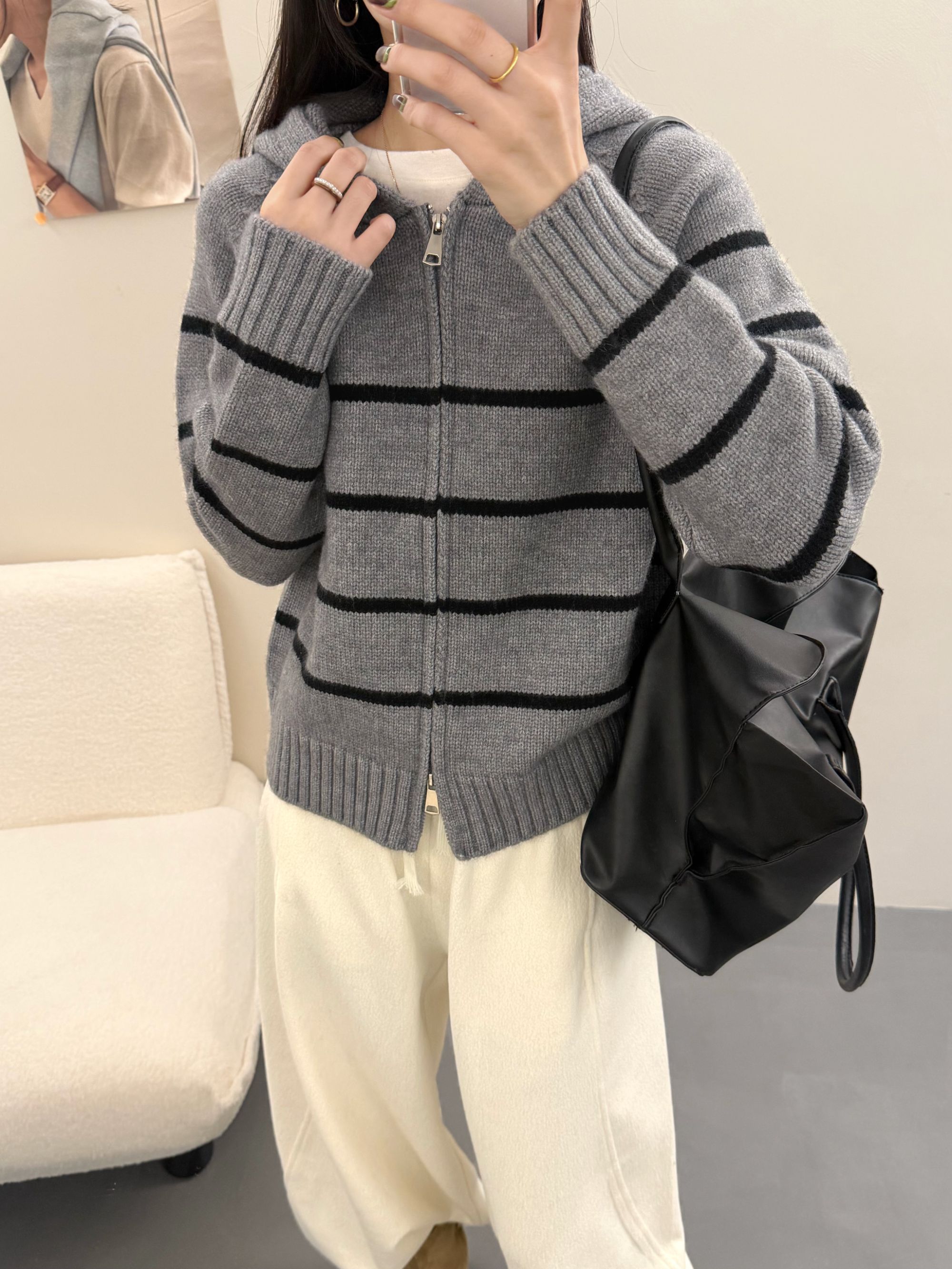 秋冬女新款加厚夹色拉链针织连帽开衫毛衣6251-1