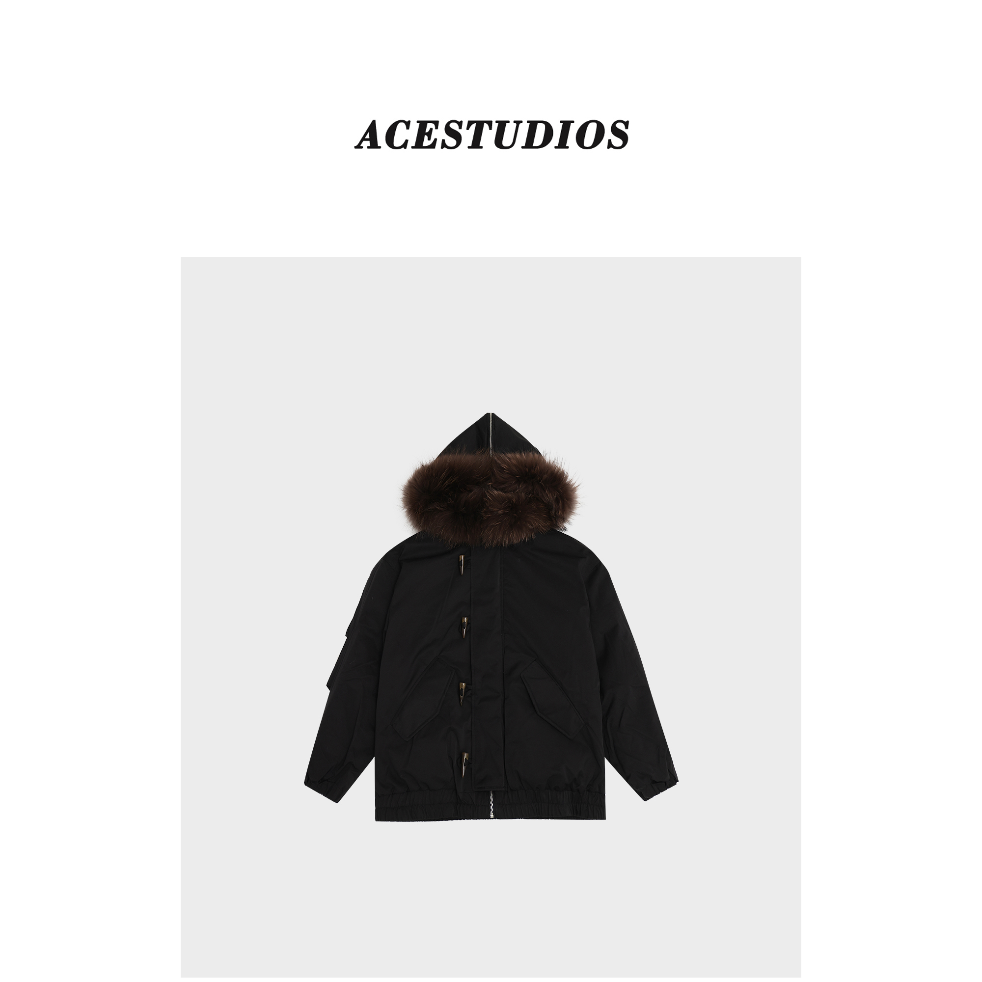 AceStudios【直播专属】毛领白鸭绒羽绒服女牛角扣连帽保暖外套女