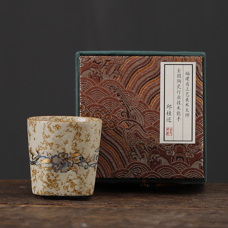 青花火石红茶杯陶瓷茶具手绘描金主人杯罗汉杯高档轻奢复古品茗杯