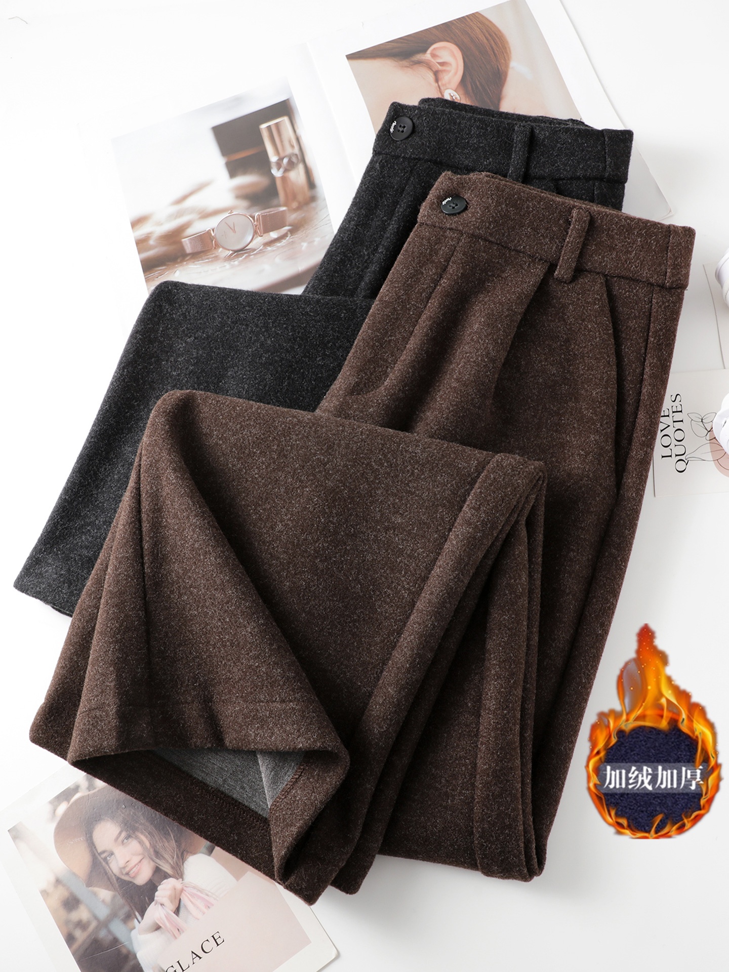 加绒保暖毛呢阔腿裤女秋冬高腰通勤显瘦修身垂感窄版休闲直筒裤