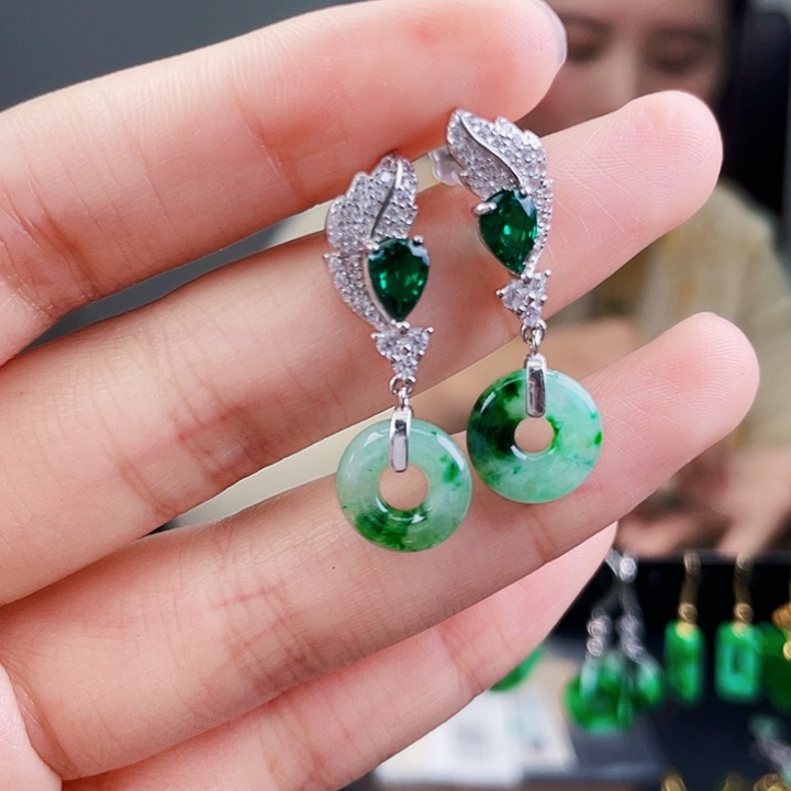 翡翠耳饰银S925镶嵌饰品