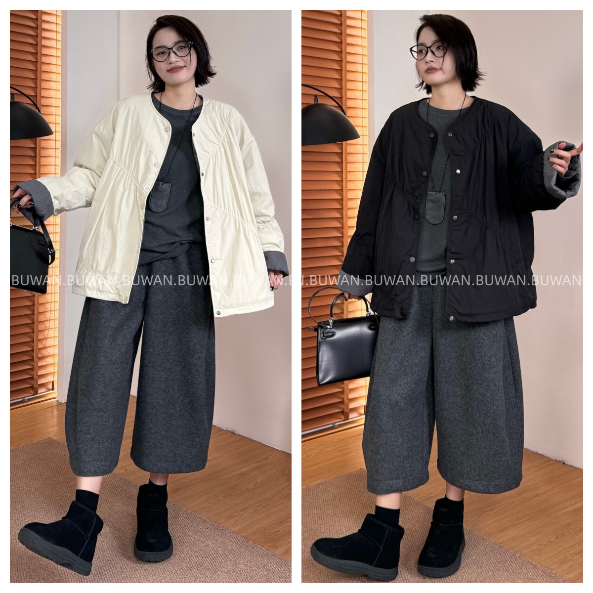 BUWAN【讯息】韩货秋冬宽松压棉压轴大版纯色金属扣圆领棉服9720