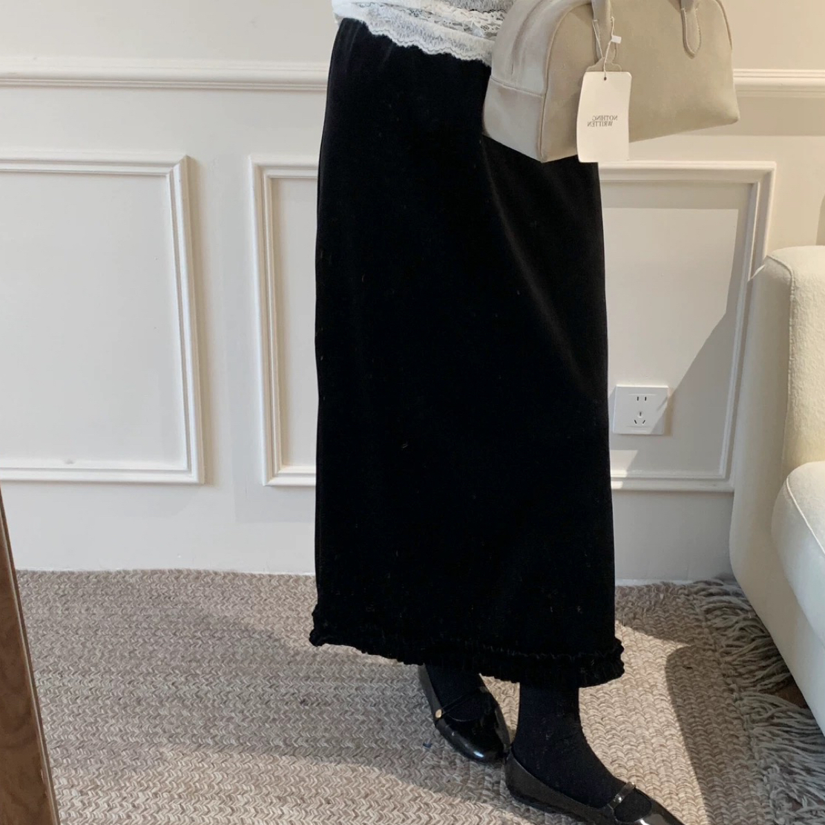 【小白姐姐】6896秋冬款温柔风木耳边丝绒半身裙