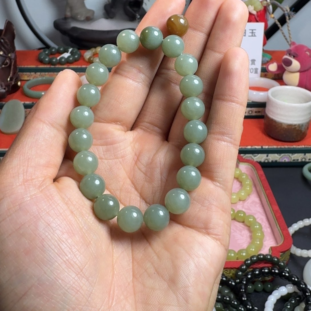 和田玉手串未镶嵌和田玉卡10且末油膏