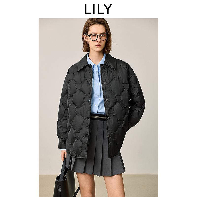 LILY2025冬新款菱格衬衫领90鸭绒羽绒服外套女中长款125409DD975