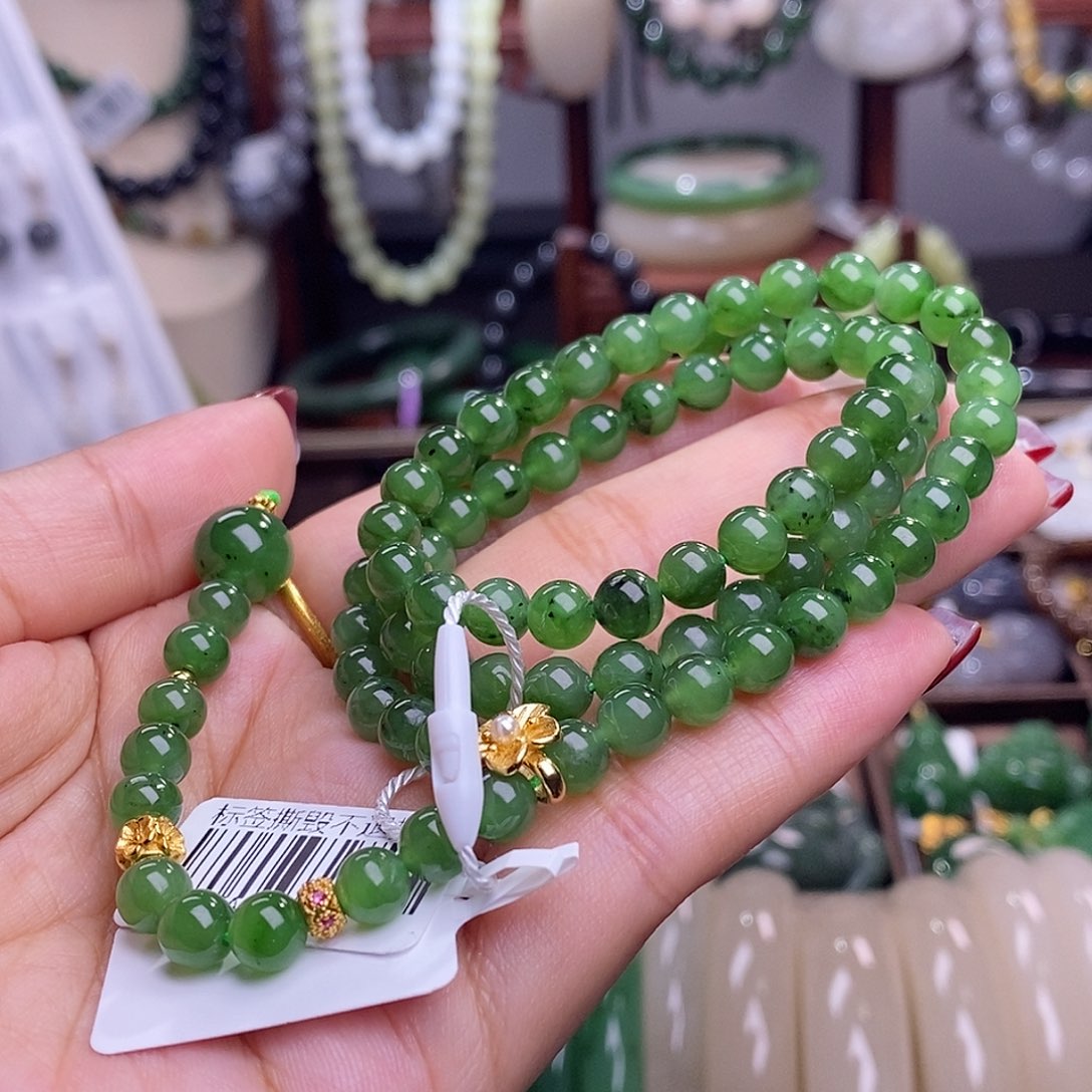 和田玉清货价碧玉珠链6m未镶嵌