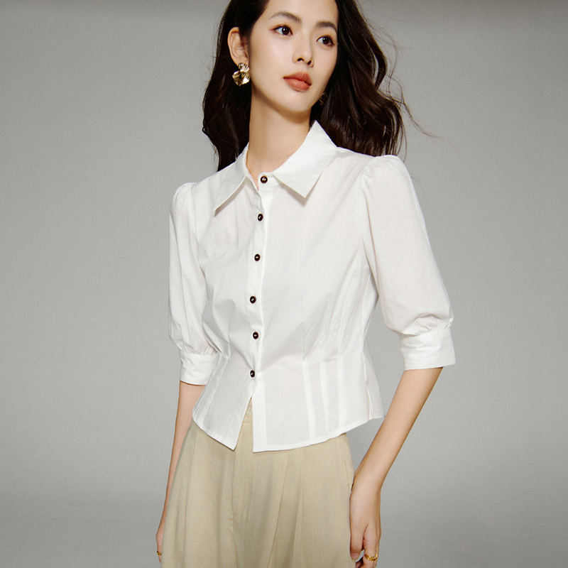【新品】2025夏衬衫翻领掐腰高级感衬衫女25061702