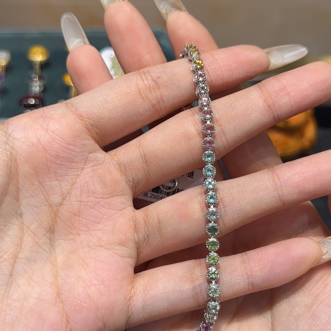 手链碧玺银S925镶嵌ot满圈