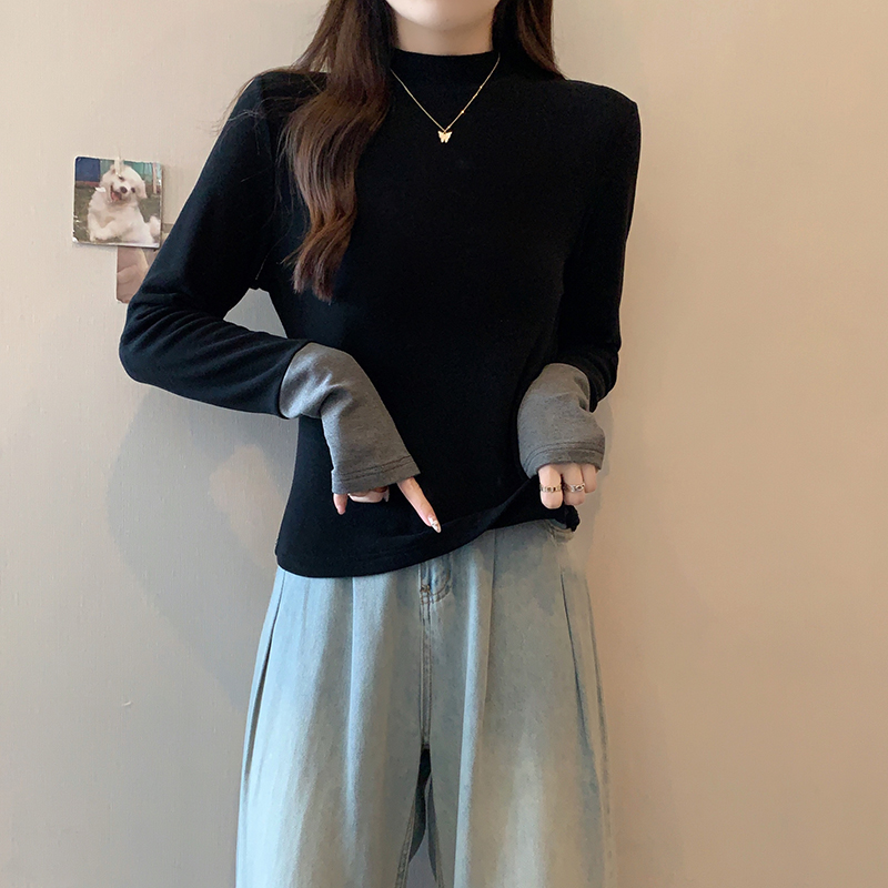 2025秋装新款胖mm大码女加厚保暖拼接半高领内搭打底衫修身显瘦