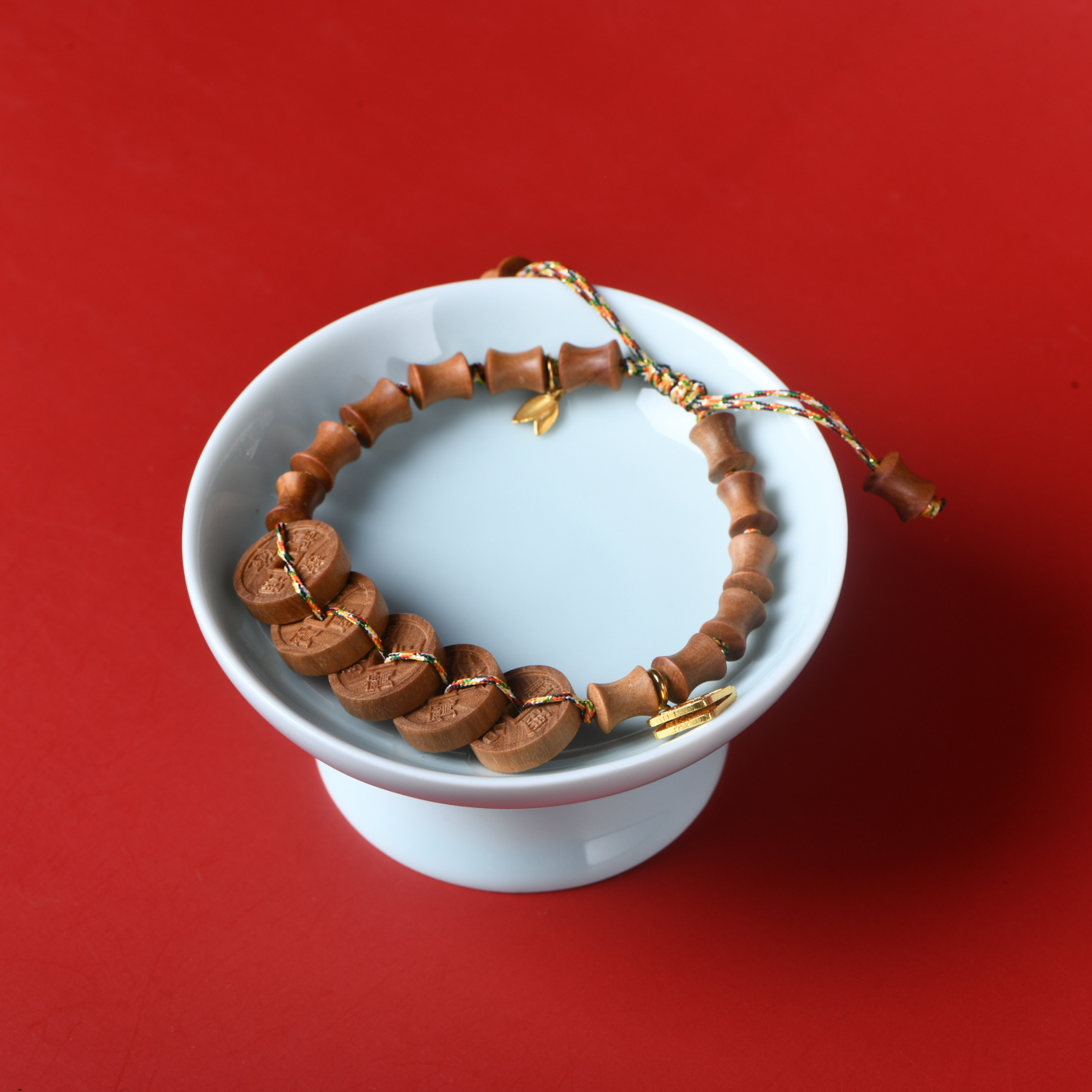 印度老山檀6x8竹节五帝钱手串