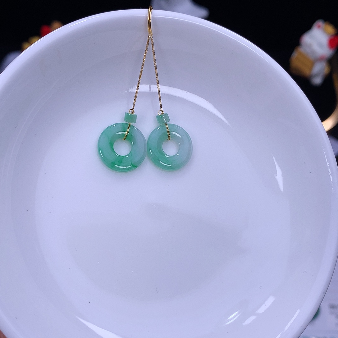 翡翠18K金镶嵌挂件天然缅甸翡翠Ａ货甜甜圈耳钩