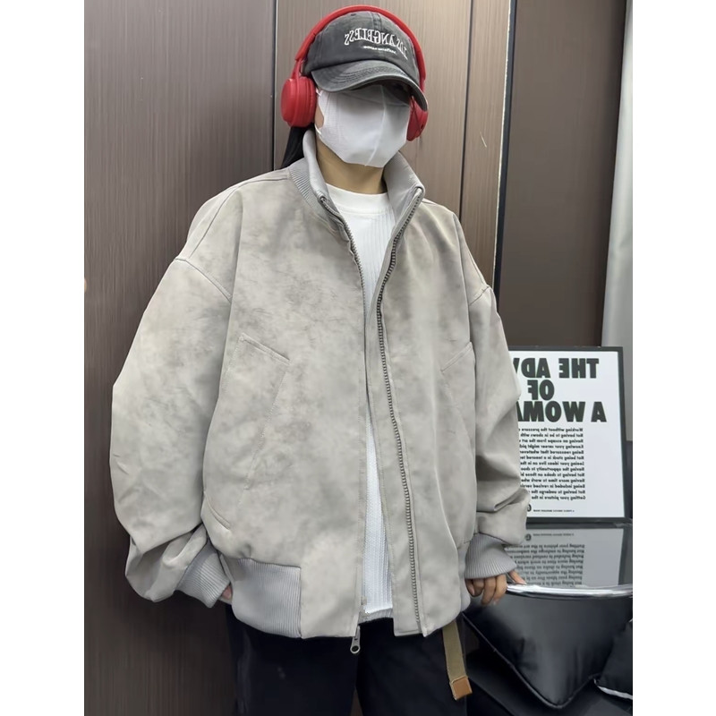 扎染脏脏美式复古立领PU皮夹克男百搭宽松痞帅上衣外套