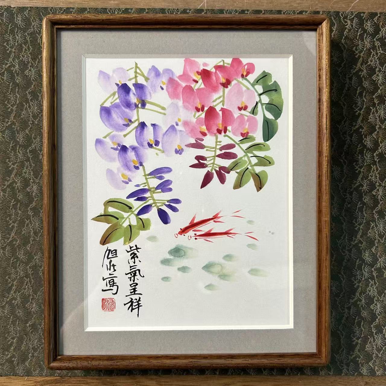 旭然老师-绘画实木紫藤摆台-紫气呈祥（手绘同款/略有不同）