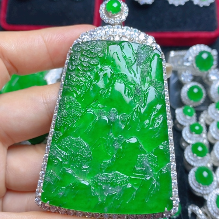 翡翠银S925镶嵌挂件山水牌