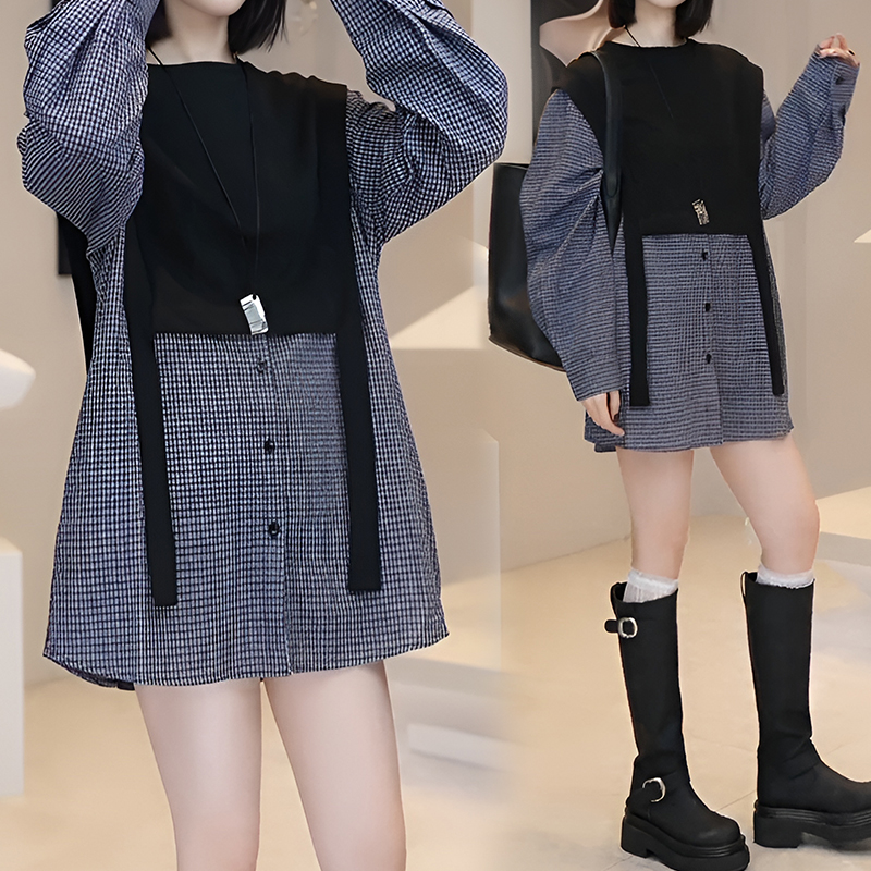 高级感假两件格子衬衫裙女2025春秋新款洋气减龄显瘦遮肉休闲上衣