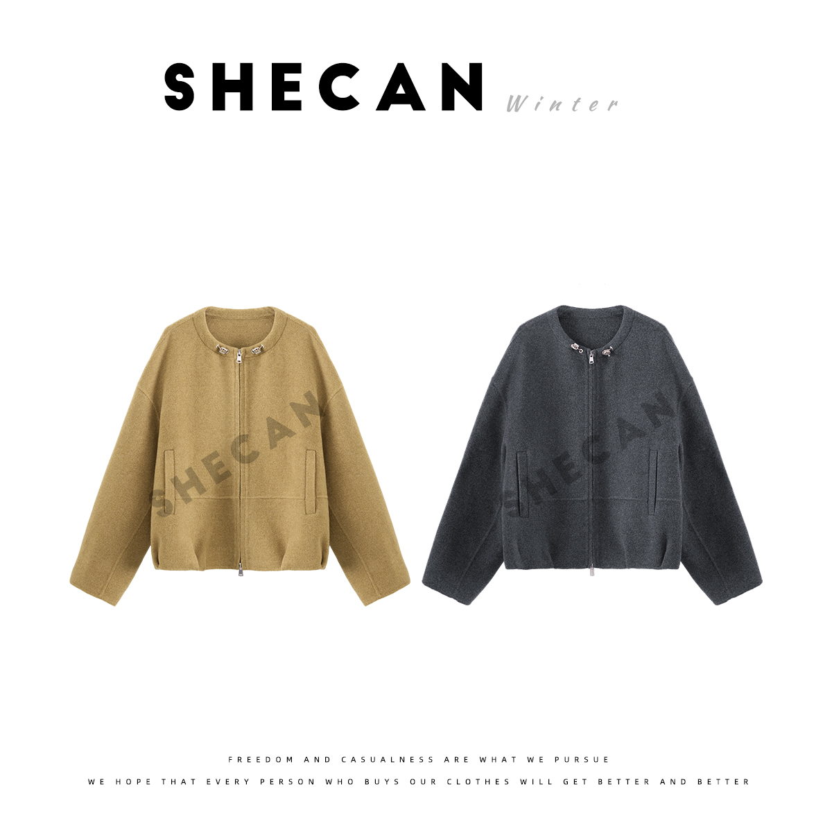 SHECAN【清山归月】100绵羊毛圆领呢大衣女秋冬宽松毛呢外套 5DC070