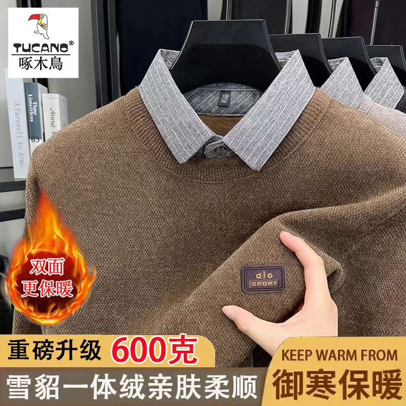 TUCANO/啄木鳥男士冬加绒加厚保暖POLO领商务休闲针织假两件上衣商品图