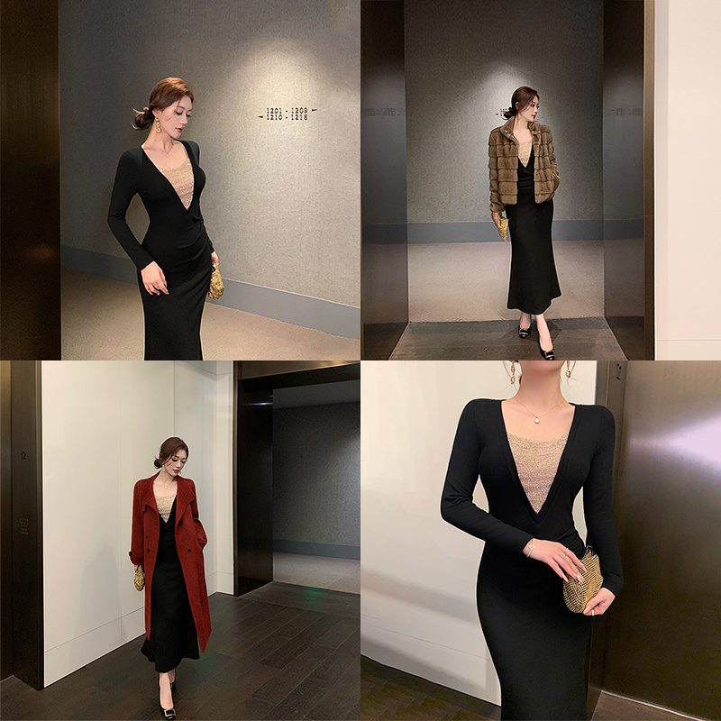 【汪汪专属】 宴会优雅性感女秋冬包臀裙深V拼接抽褶鱼尾连衣裙