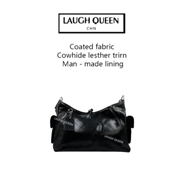 Laugh Queen手工打造真皮女士包包0420机车油蜡饺子包黑色