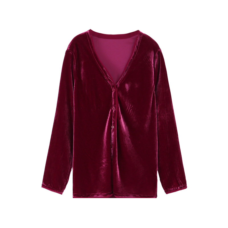 48梭加密加厚V领对襟丝绒真丝衬衣12478