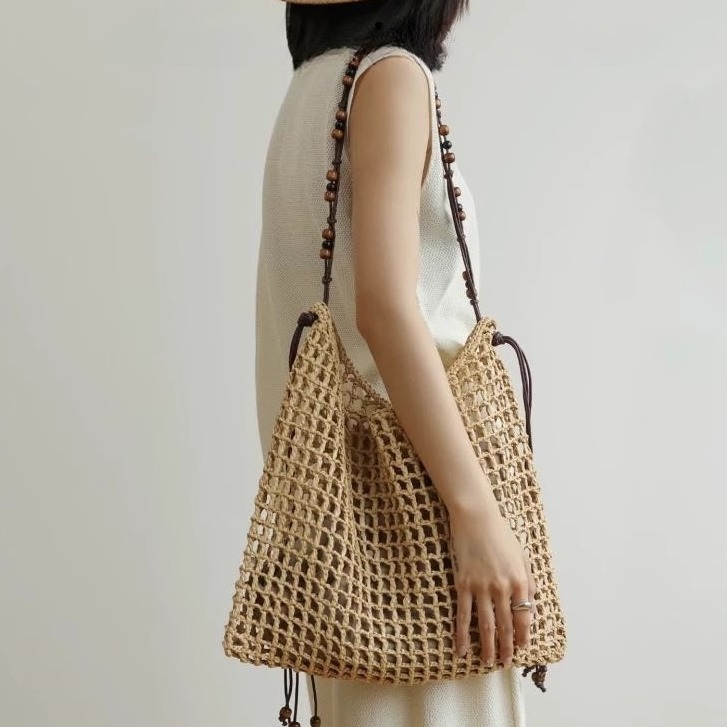 夏季度假风草编手工编织托特包拉菲草镂空包女单肩手提大包大容量