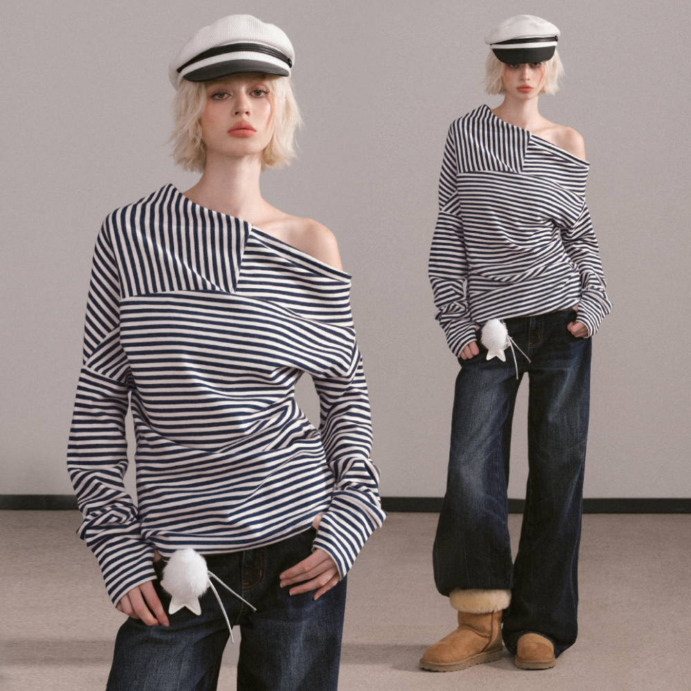 Mess Studio韩系辣妹斜肩不规则设计感上衣蓝白条纹长袖卫衣秋冬