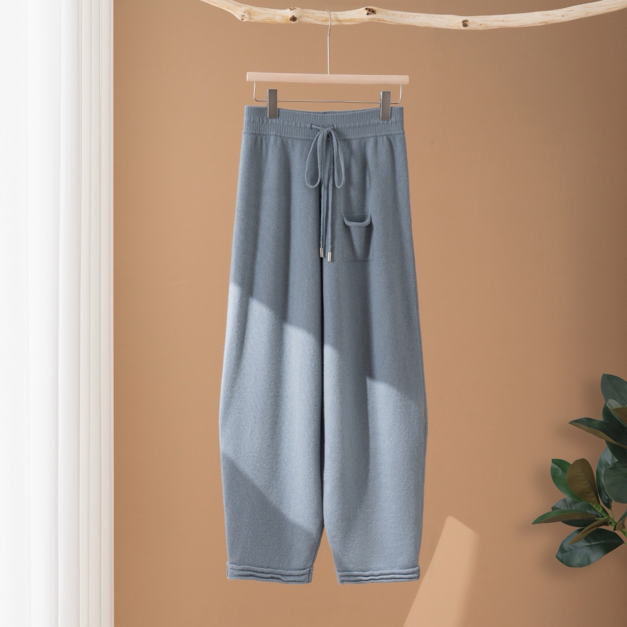 山羊绒空气层束脚灯笼裤带兜高腰宽松慵懒显瘦针织舒适休闲保暖