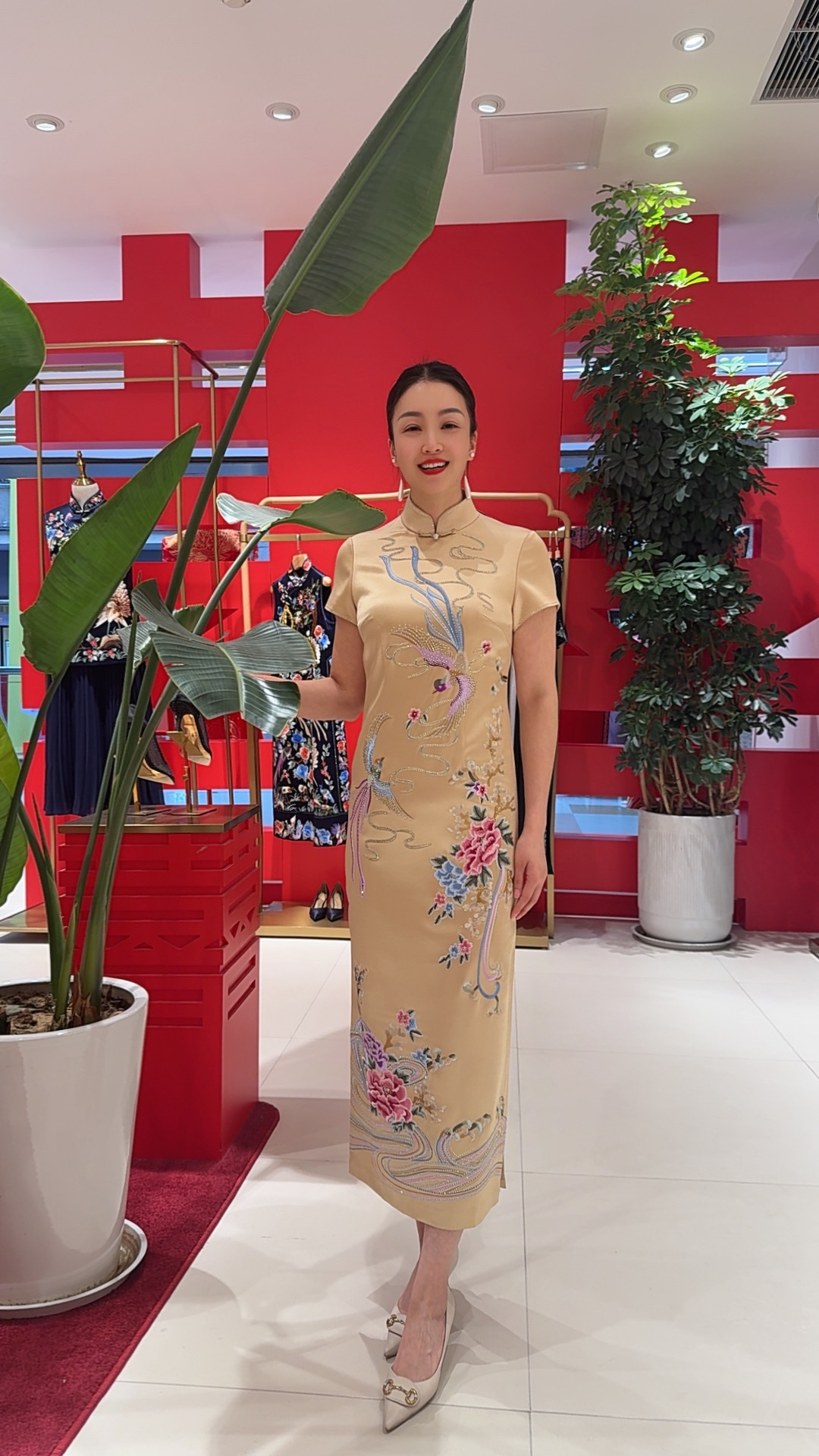 17726金色·蓝色高端重工艺刺绣旗袍礼服裙
