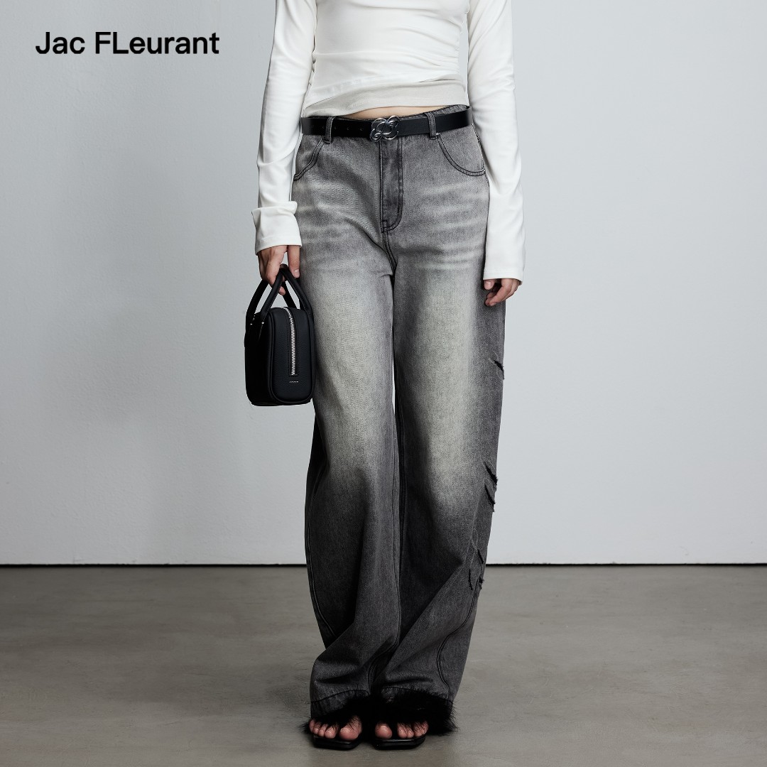 JAC FLEURANT烧花文字LOGO牛仔裤个性百搭水洗长裤