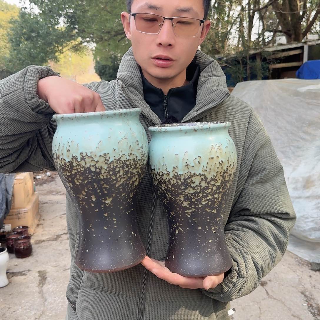 紫砂花盆口15高26（两个美人鱼柴烧流口蓝色