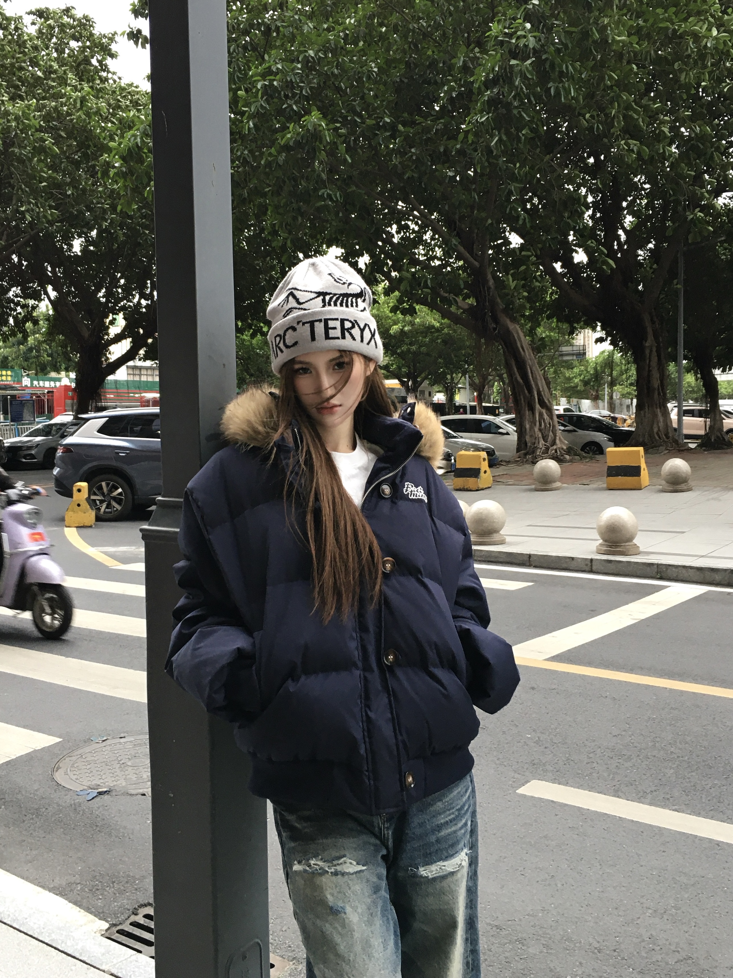 ATKFY美式复古字母刺绣休闲百搭棉袄毛领加厚保暖棉服外套男女ins