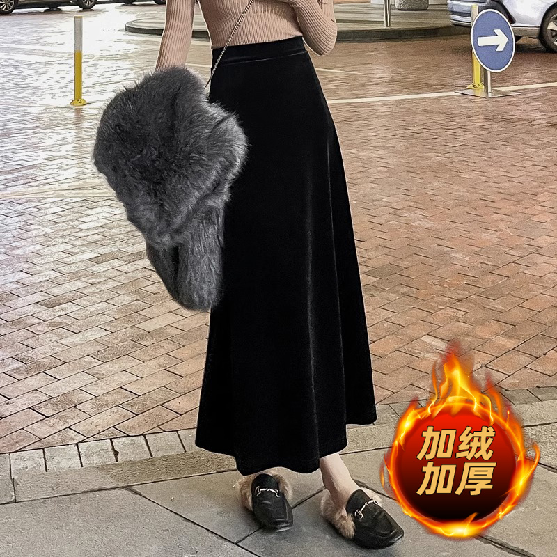 半身裙女秋冬季加绒2025新款高腰垂感A字大摆裙显瘦丝绒半身长裙