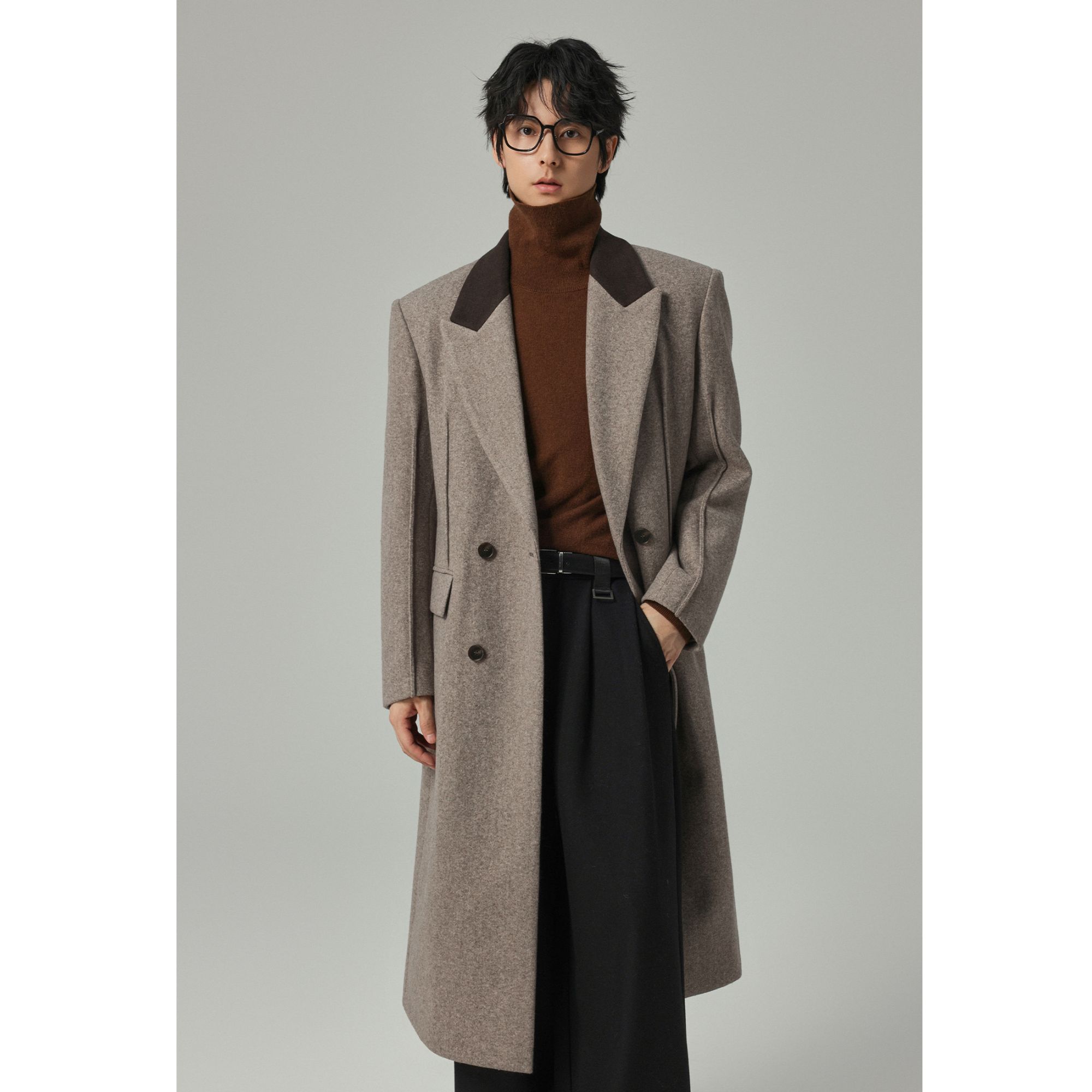 【拼接枪驳领】正肩长款大衣毛呢大衣男款休闲大衣气质呢大衣GLD72