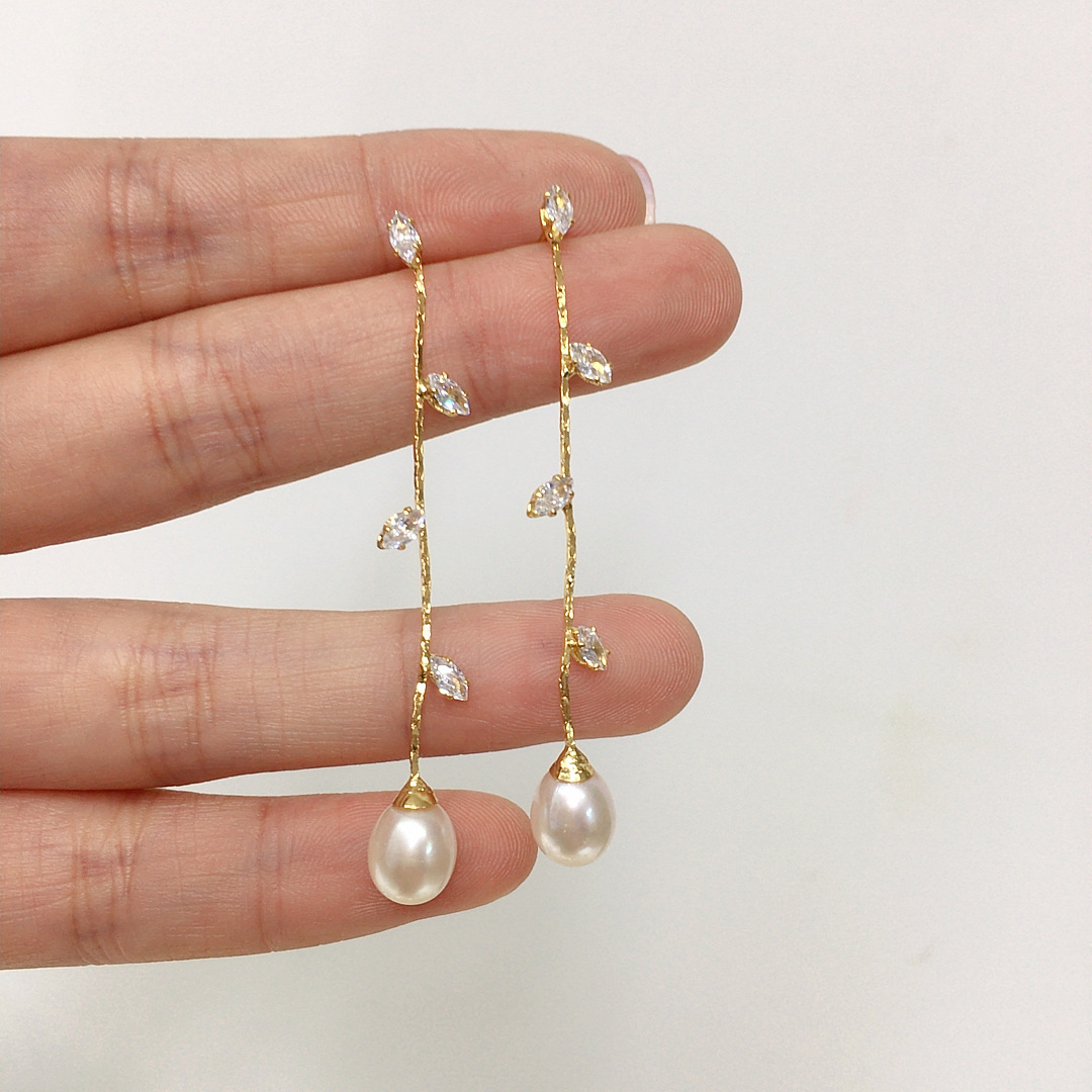 0166天然淡水珍珠耳饰 2025新品柳叶耳线女