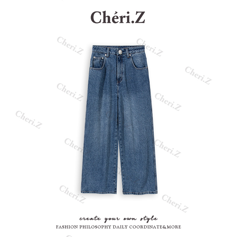 CHERI.Z复古直筒阔腿休闲牛仔裤女秋季宽松拖地裤子女C24B17235F