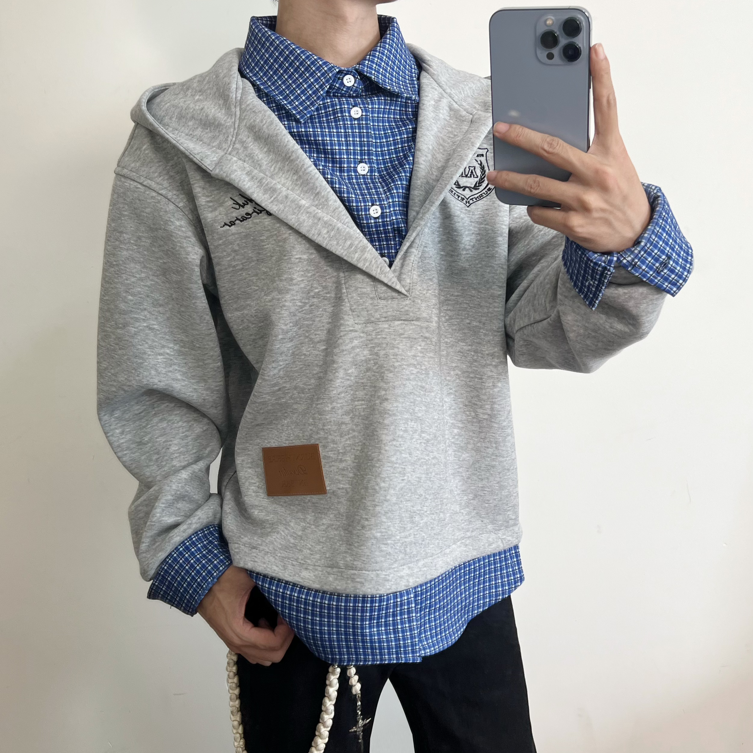 拼接创意人物格子秋冬连帽卫衣长袖印花时尚春秋冬