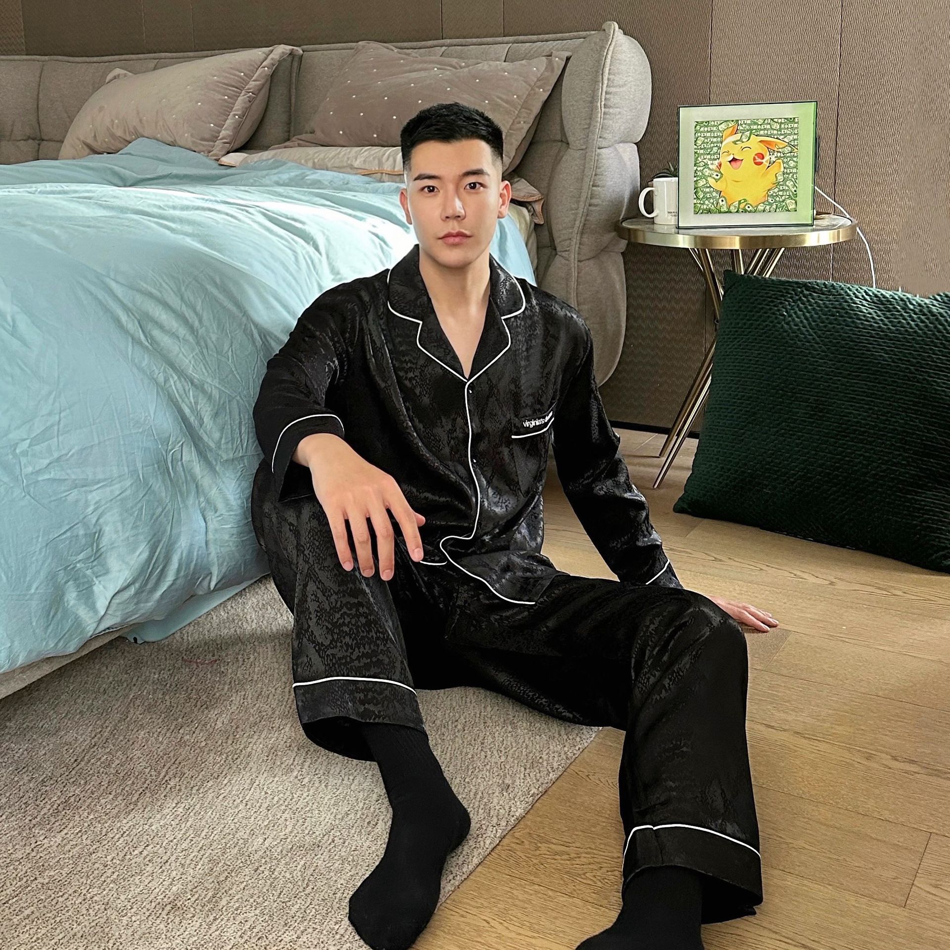 极光黑绸缎男士长袖长裤睡衣家居服