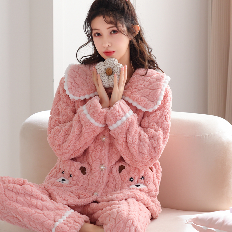 睡衣女冬季珊瑚绒加厚加绒保暖可爱外穿法兰绒大码冬款家居服套装