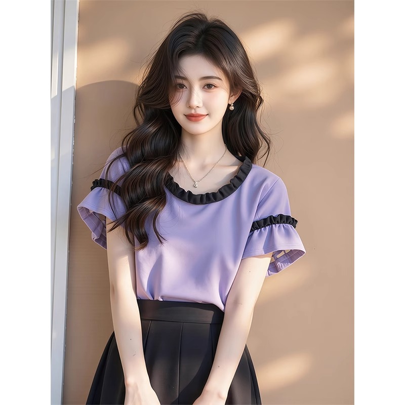 紫色短袖t恤女2025新款夏季爆款设计感超好看独特漂亮木耳边上衣