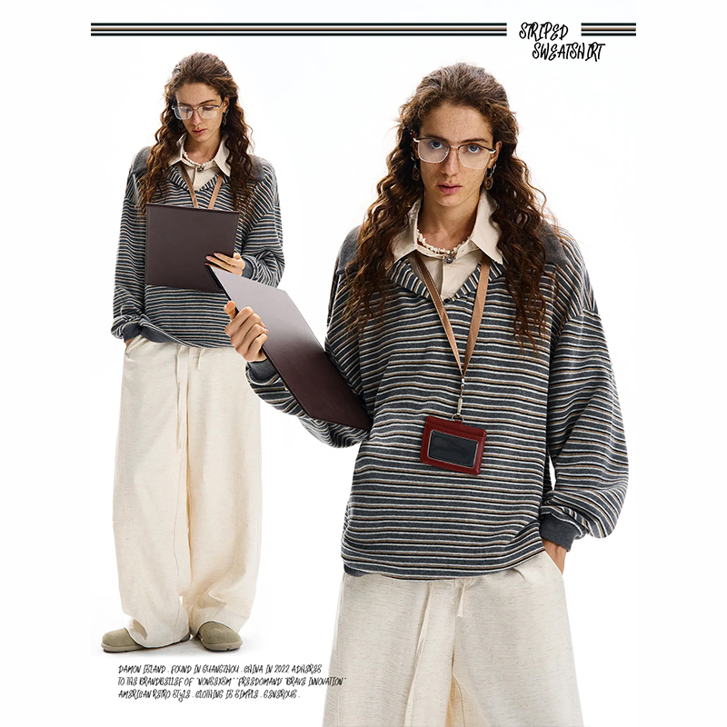达蒙岛美式条纹假两件叠穿拼接polo衫卫衣女小众设计层次感上衣潮
