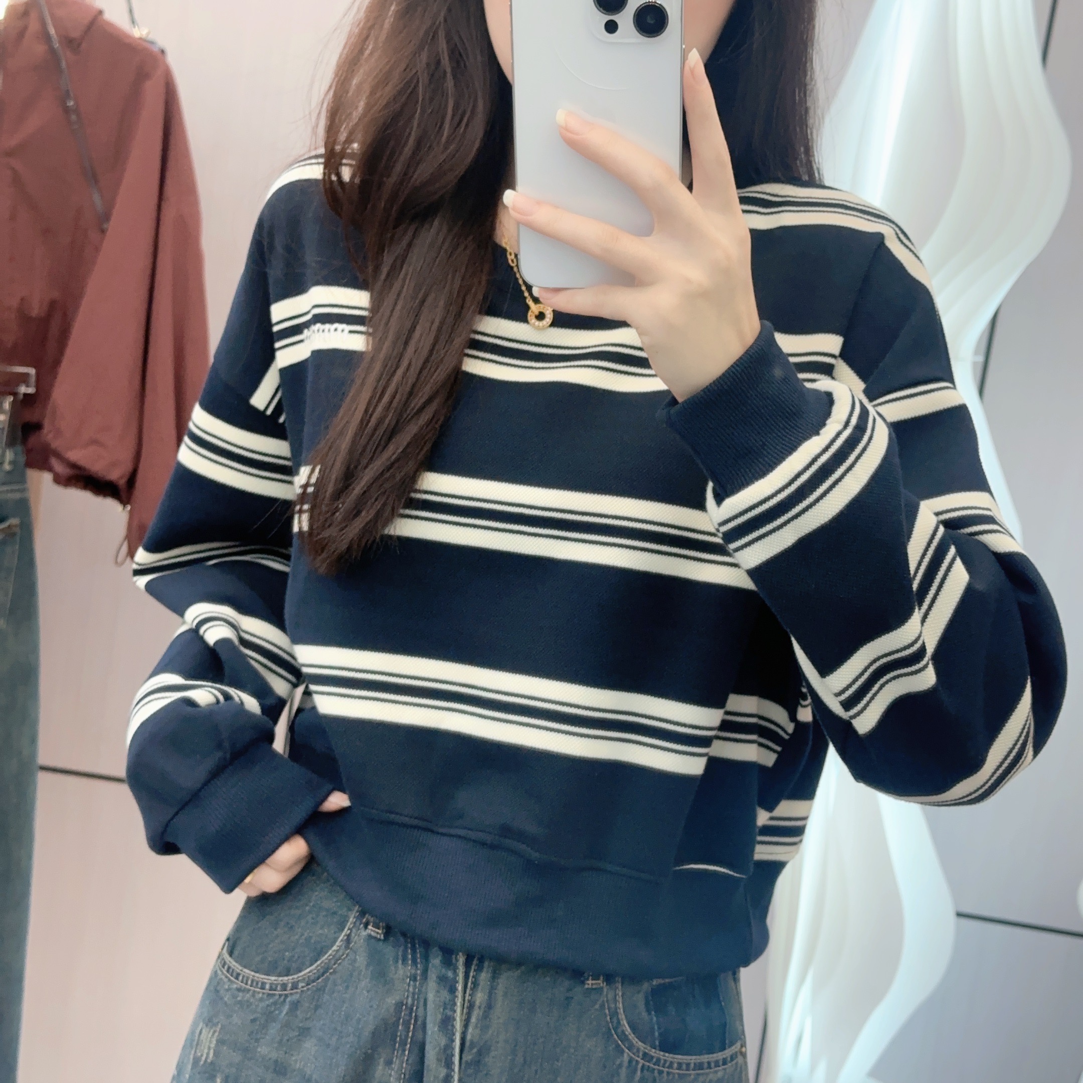 7351 GY韩系小众设计感条纹卫衣女秋宽松休闲小个子时尚百搭上衣