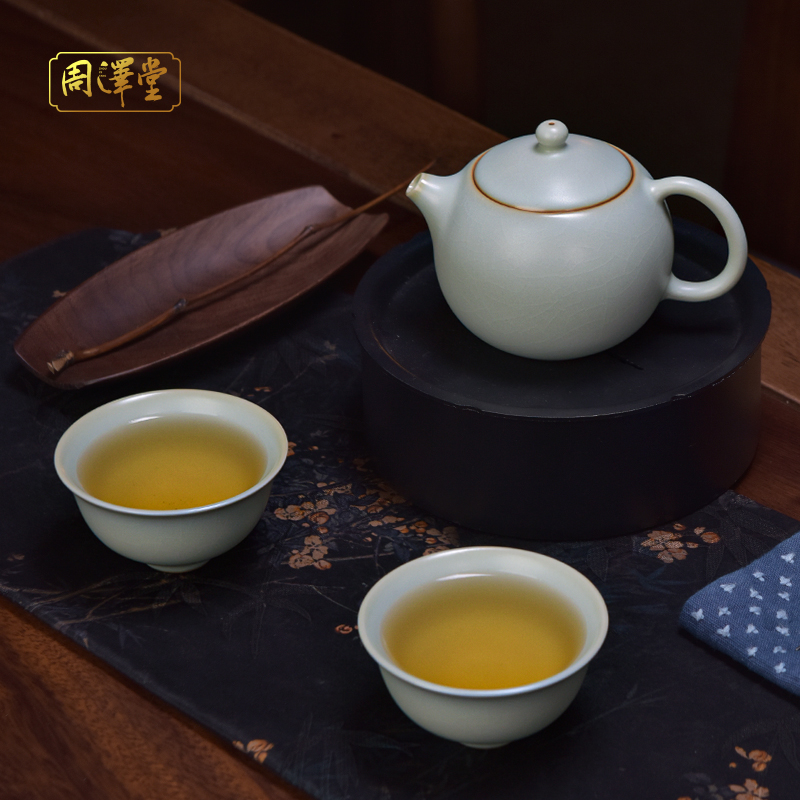 周泽堂汝窑茶具套组景德镇陶瓷西施壶茶杯开片可养西施陀螺套组