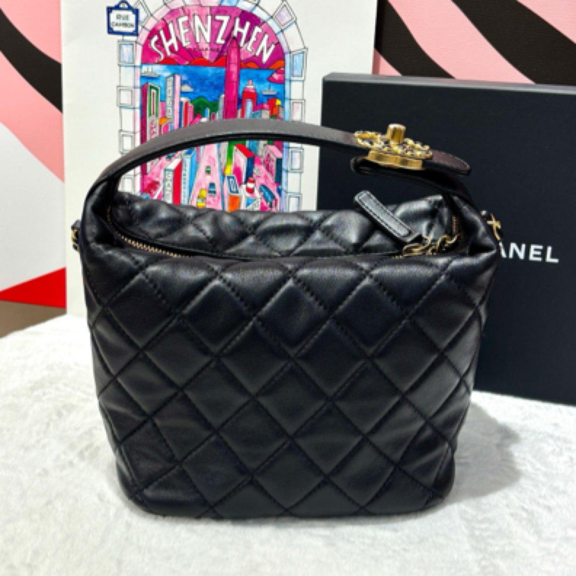 99新 Chanel/香奈儿 20S 黑金羊皮hobo饭盒包